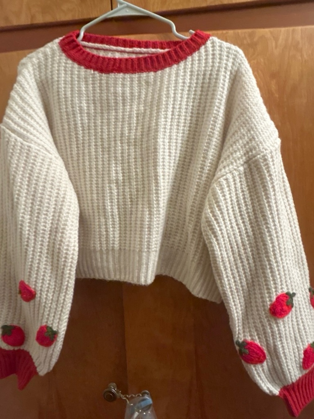 Cream Cropped Knit Sweater with Red Trim and Strawberry Appliqués